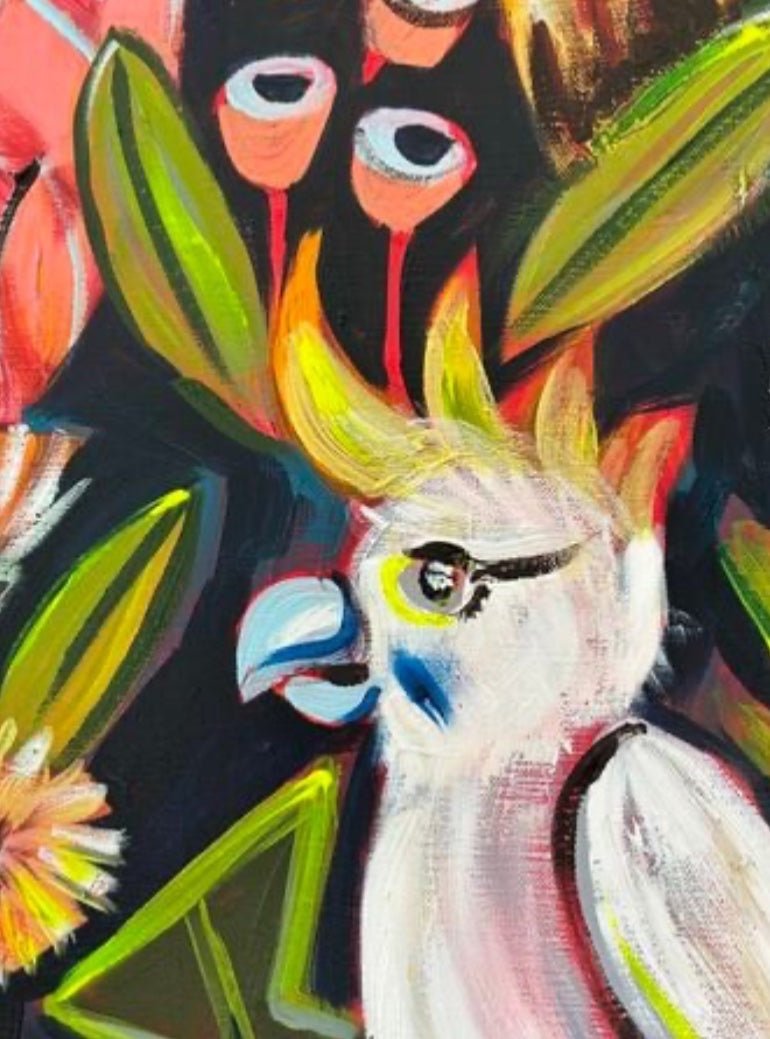 Aussie Flowers and Cockatoos with Blue and Peach - Gold Coast Gallery Of ArtLucy Car