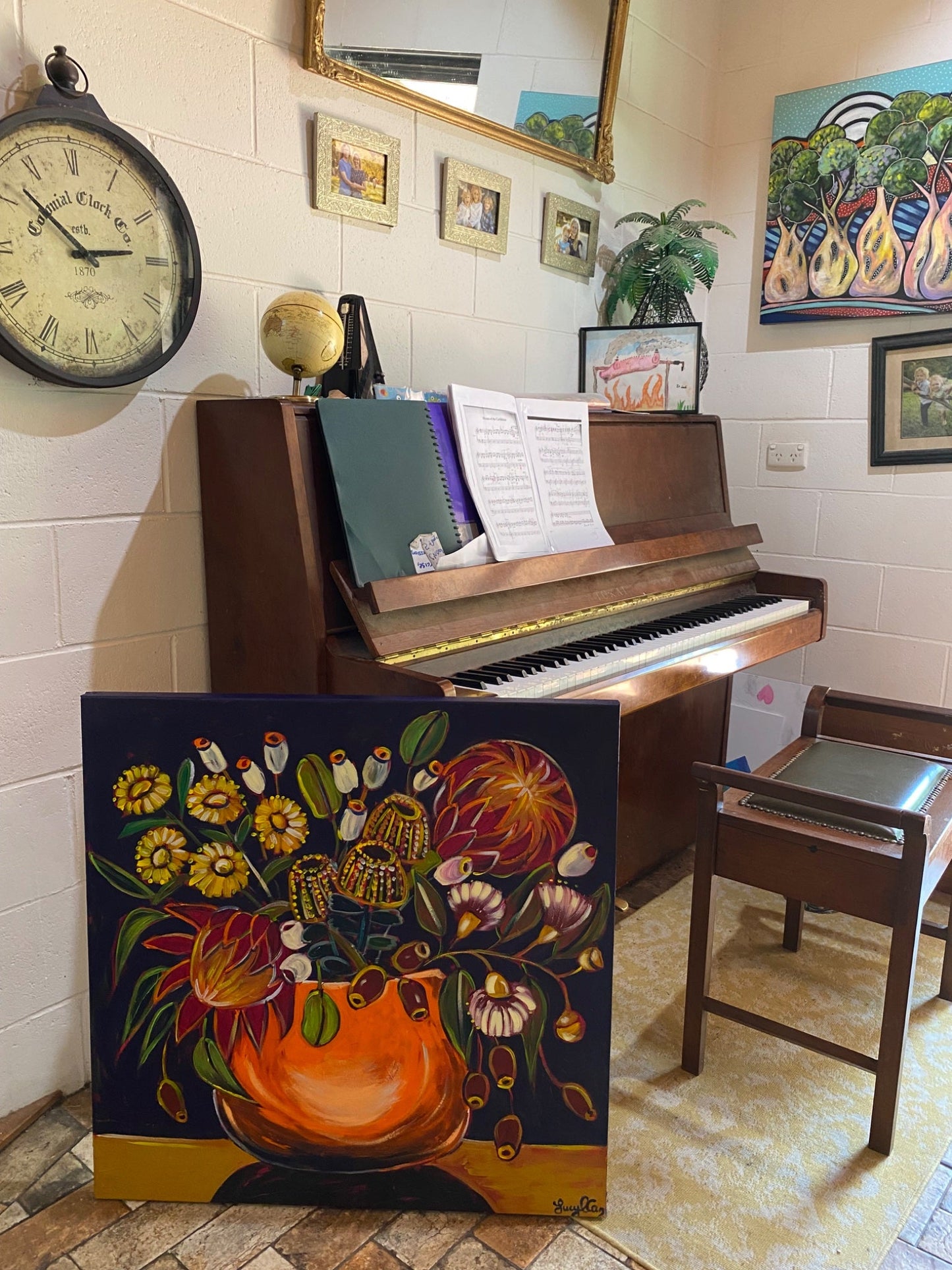 Australian Flowers in an Orange Vase on Navy - Original Art - Gold Coast Gallery Of ArtLucy Car