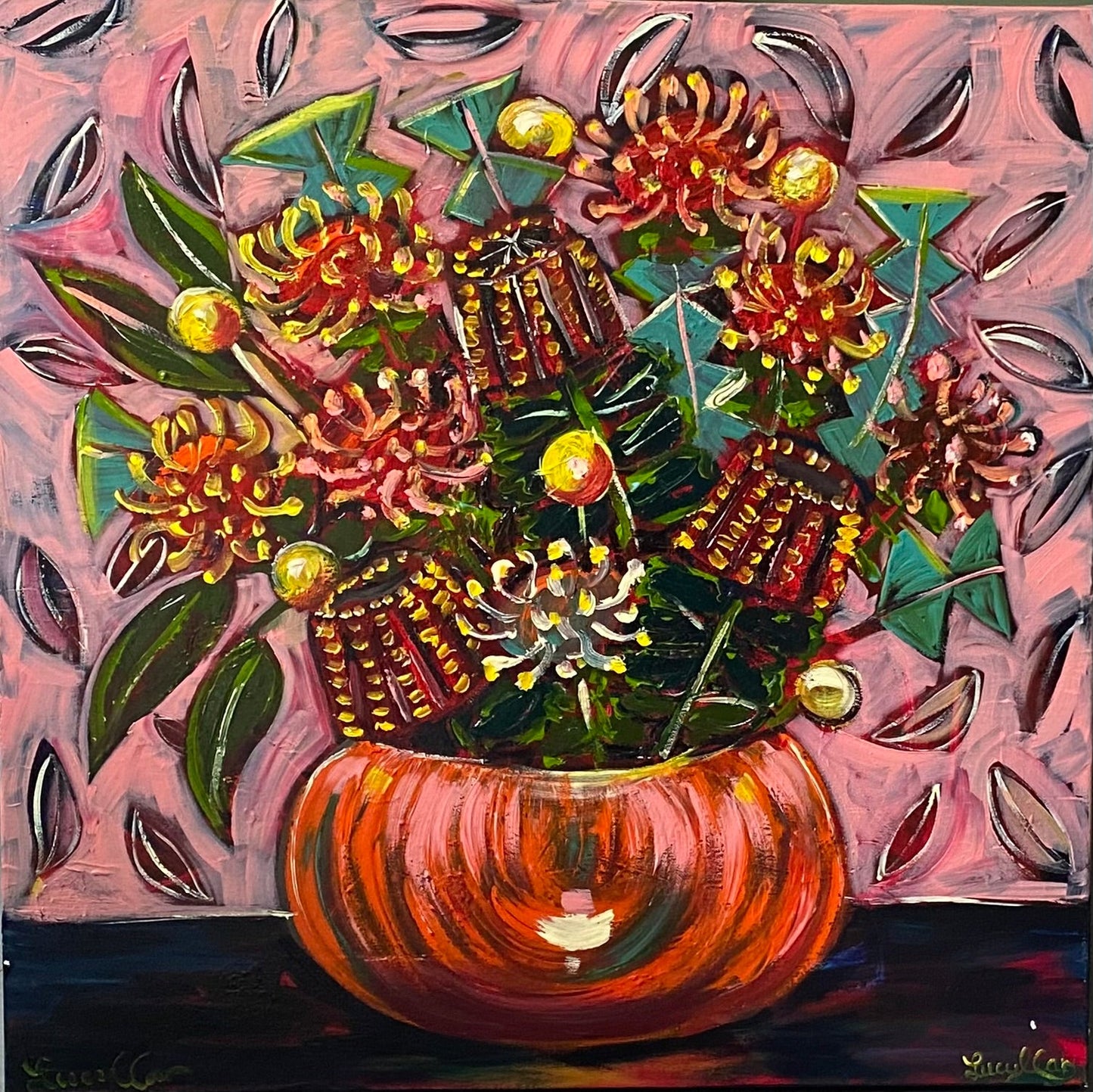 Banksia in an Orange Vase - Original Art - Gold Coast Gallery Of ArtLucy Car