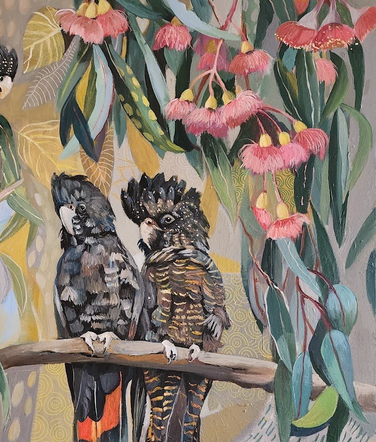 Black Cockatoos with Pink Gum Blossom - Gold Coast Gallery Of ArtSusan Trudinger