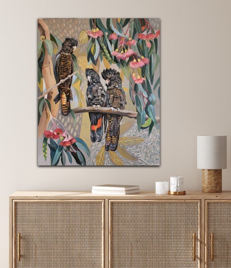 Black Cockatoos with Pink Gum Blossom - Gold Coast Gallery Of ArtSusan Trudinger