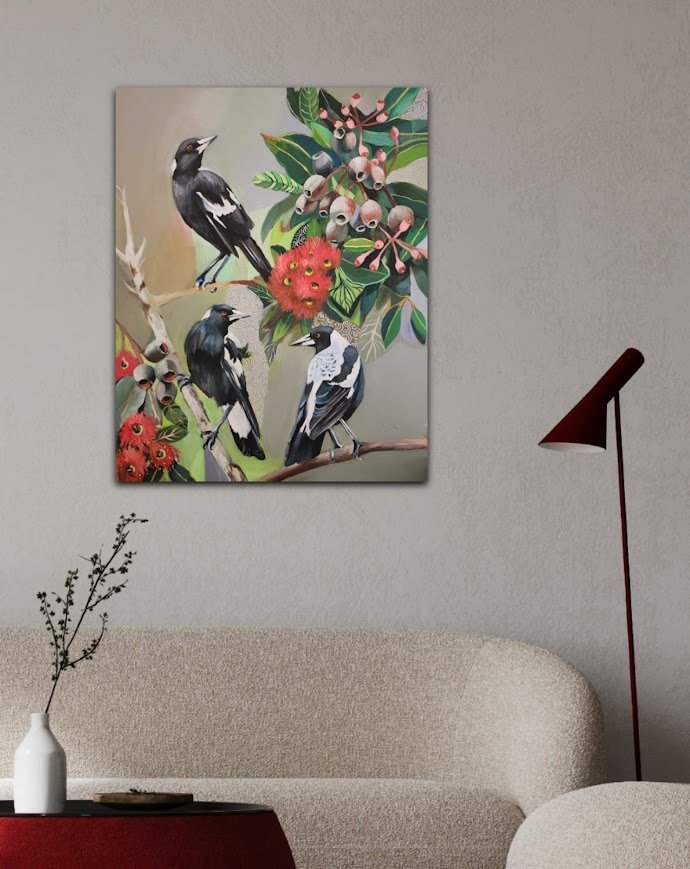 Magpies with Red Gum Blossom - Gold Coast Gallery Of ArtSusan Trudinger