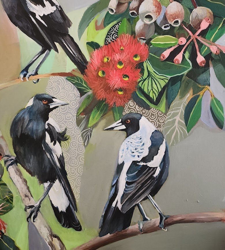 Magpies with Red Gum Blossom - Gold Coast Gallery Of ArtSusan Trudinger