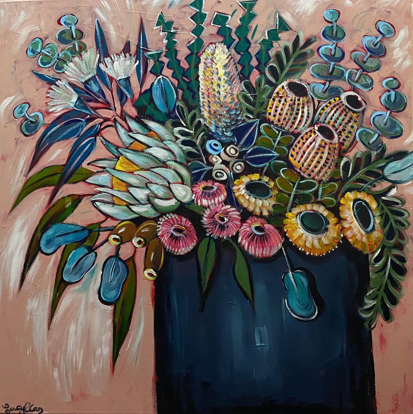 Natives in Navy Vase on Peach - Original Art - Gold Coast Gallery Of ArtLucy Car