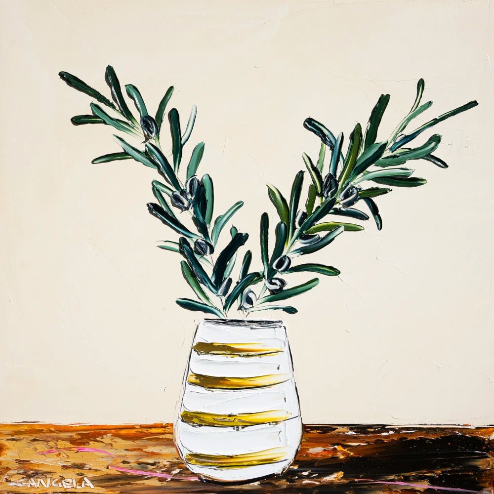 Olive Leaves And Mustard Stripes - Original Art - Gold Coast Gallery Of ArtAngela Hawkey