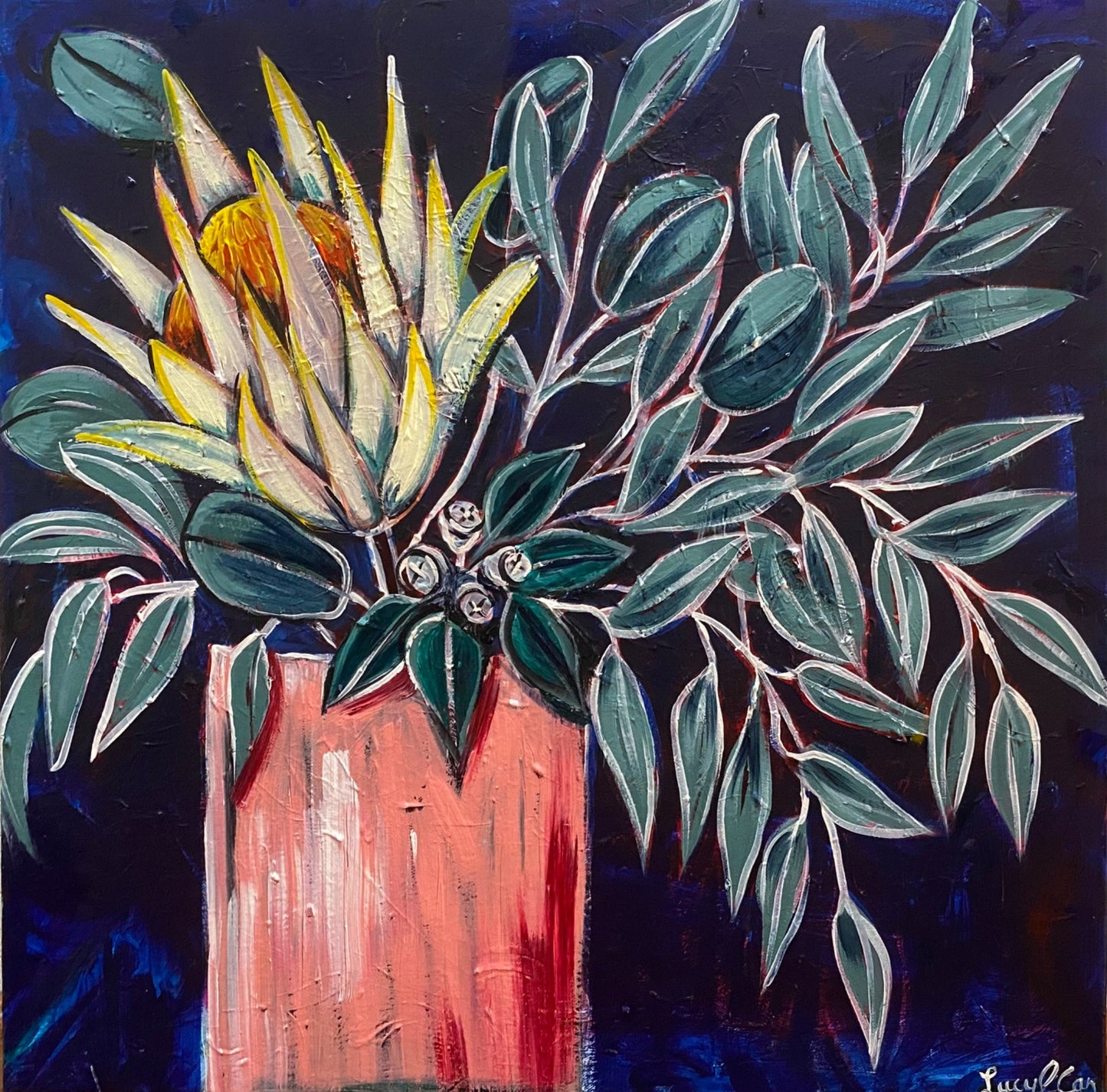 One Protea and Gum leaves - Original Art - Gold Coast Gallery Of ArtLucy Car