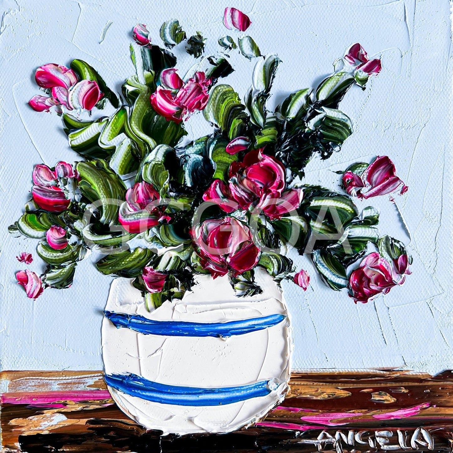 Pink Flowers, Blue Stripes - Gold Coast Gallery Of ArtAngela Hawkey