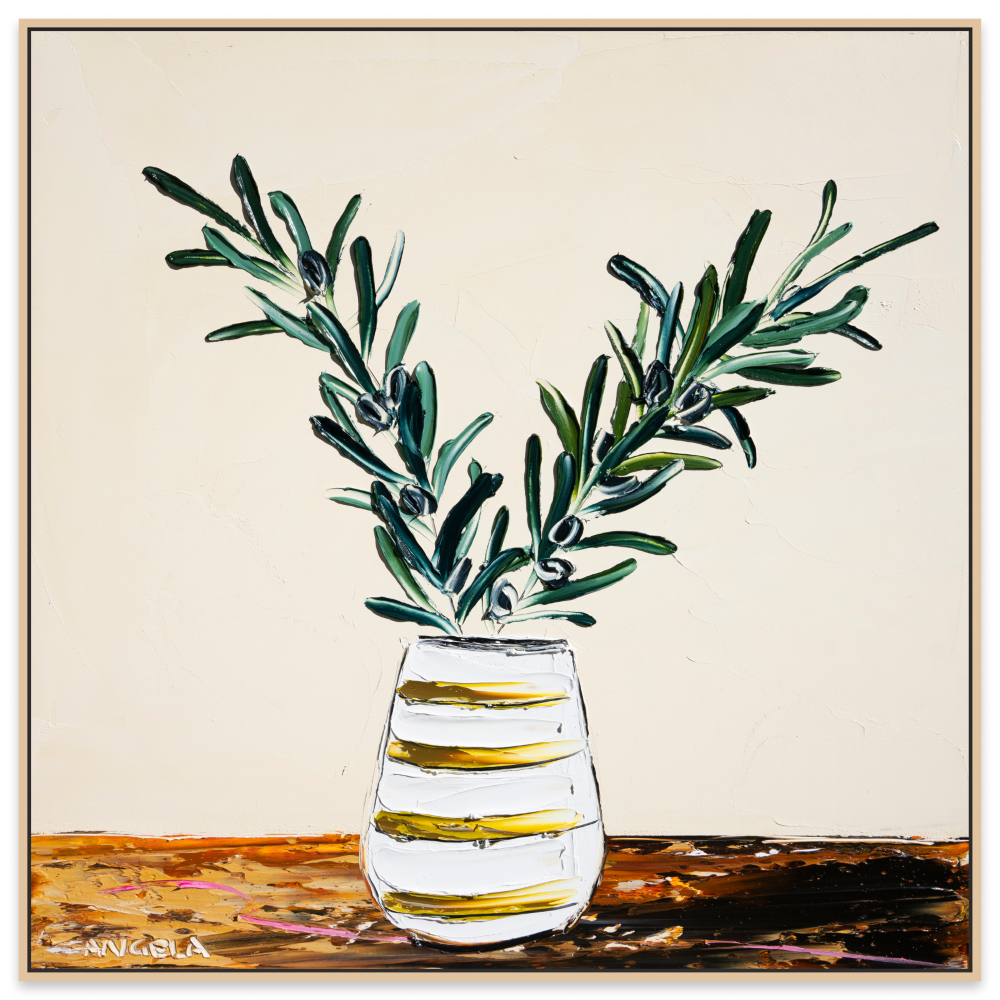 Olive Leaves And Mustard Stripes - Fine Art Print