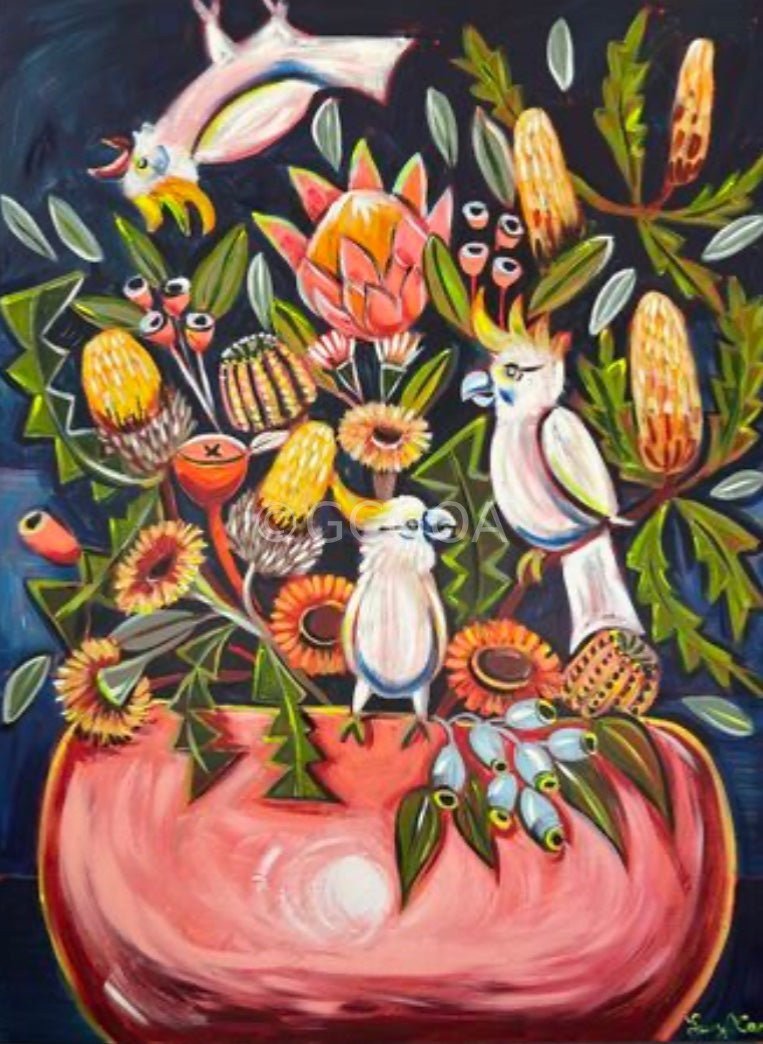 Aussie Flowers and Cockatoos with Blue and Peach - Gold Coast Gallery Of ArtLucy Car