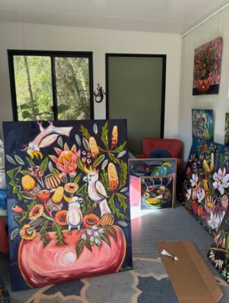 Aussie Flowers and Cockatoos with Blue and Peach - Gold Coast Gallery Of ArtLucy Car