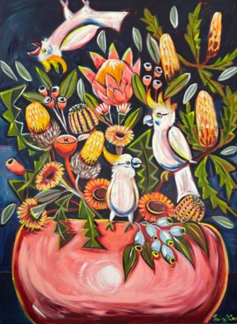 Aussie Flowers and Cockatoos with Blue and Peach - Gold Coast Gallery Of ArtLucy Car