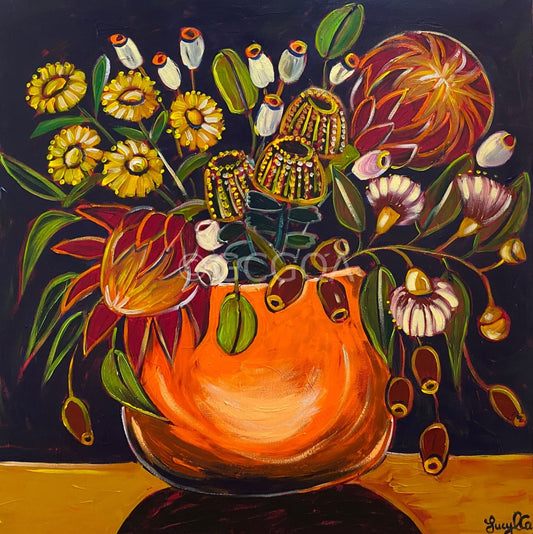 Australian Flowers in an Orange Vase on Navy - Original Art - Gold Coast Gallery Of ArtLucy Car