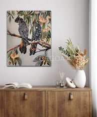 Black Cockatoos with Peach Gum Blossom - Gold Coast Gallery Of ArtSusan Trudinger