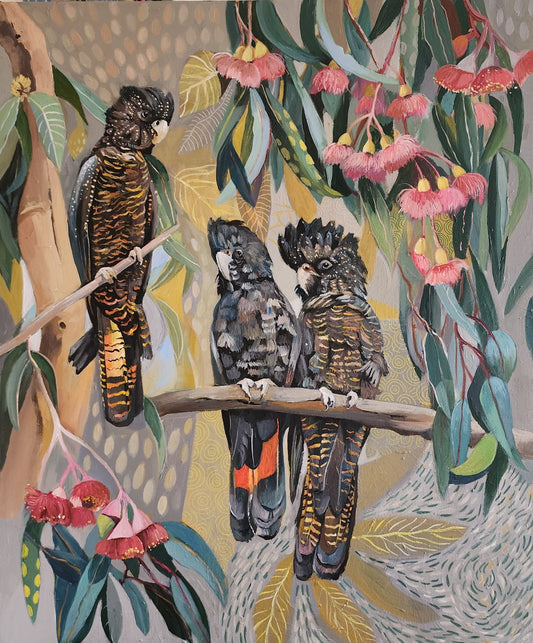 Black Cockatoos with Pink Gum Blossom - Gold Coast Gallery Of ArtSusan Trudinger
