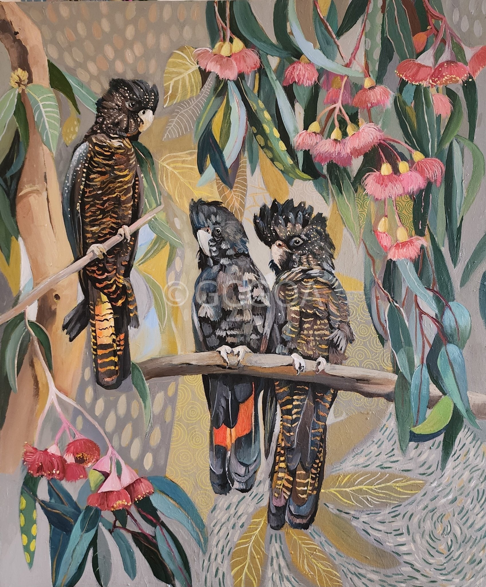 Black Cockatoos with Pink Gum Blossom - Gold Coast Gallery Of ArtSusan Trudinger