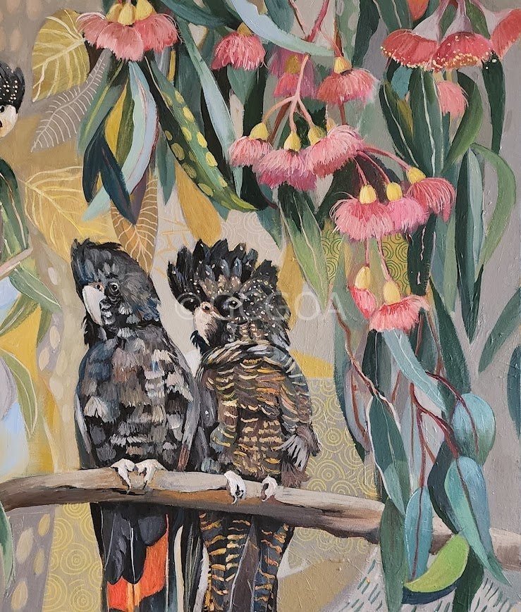 Black Cockatoos with Pink Gum Blossom - Gold Coast Gallery Of ArtSusan Trudinger