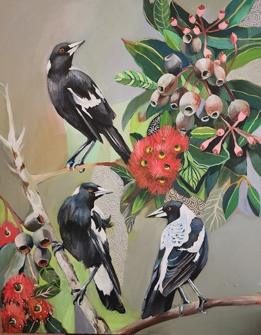 Magpies with Red Gum Blossom - Gold Coast Gallery Of ArtSusan Trudinger