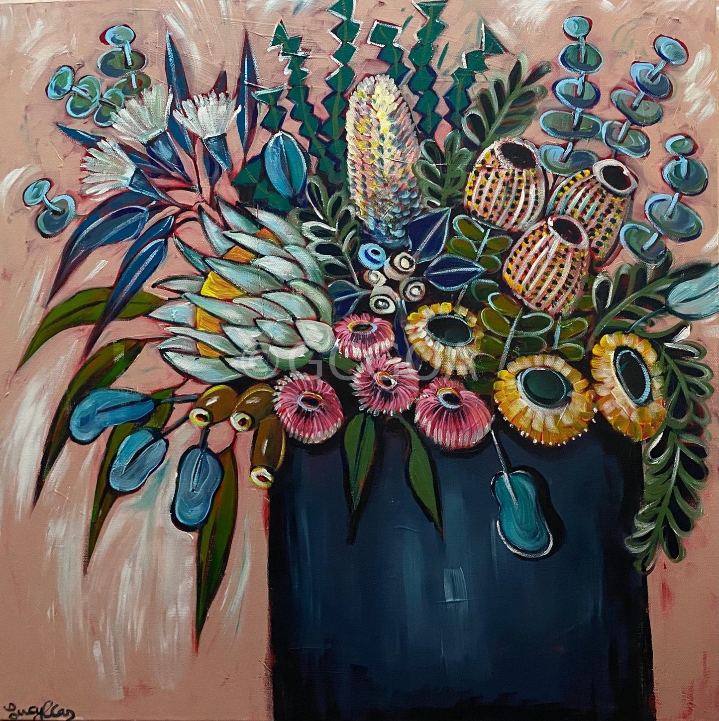 Natives in Navy Vase on Peach - Original Art - Gold Coast Gallery Of ArtLucy Car