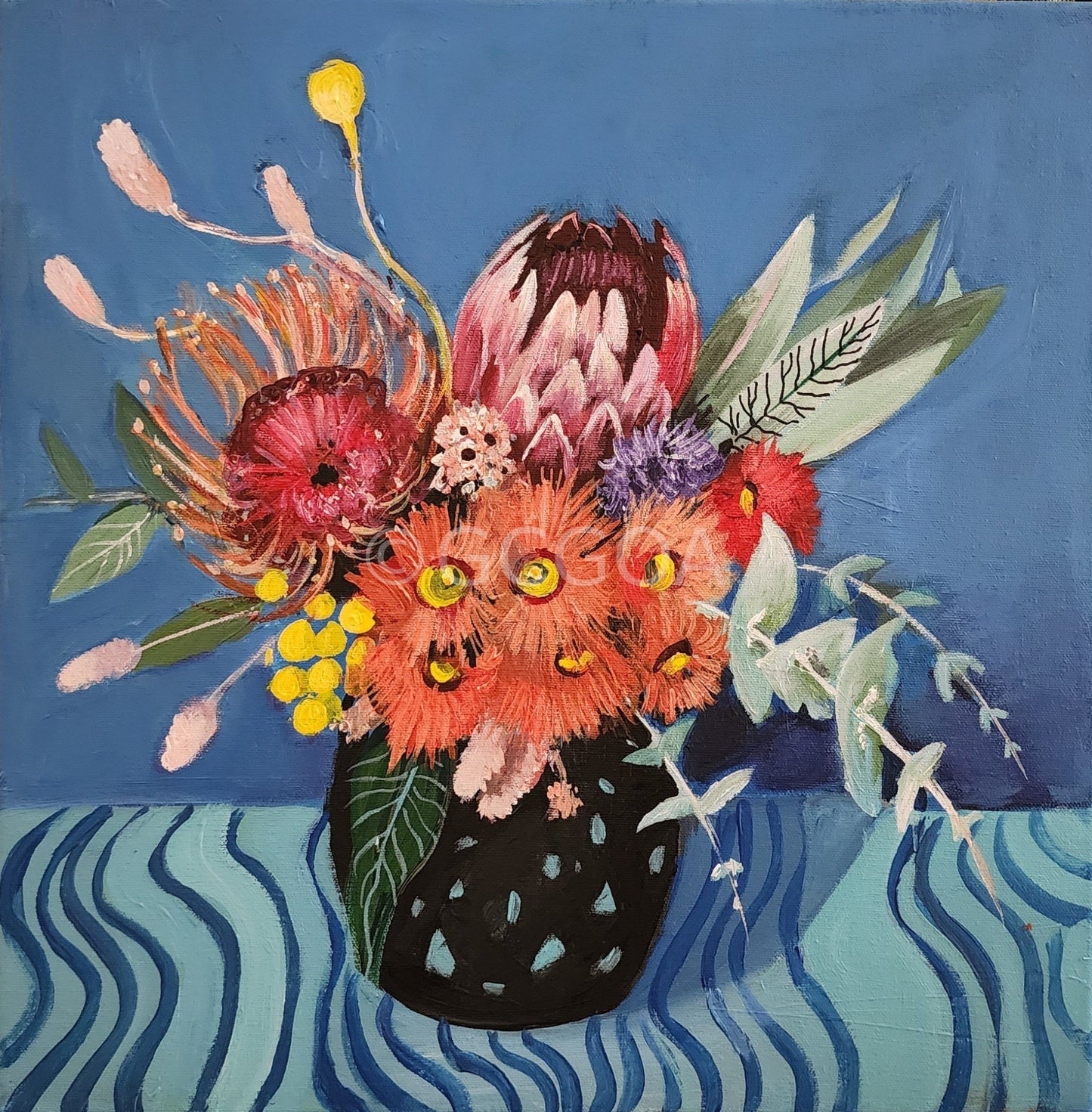 Orange Gum Blossom with Protea - Original Art - Gold Coast Gallery Of ArtSusan Trudinger