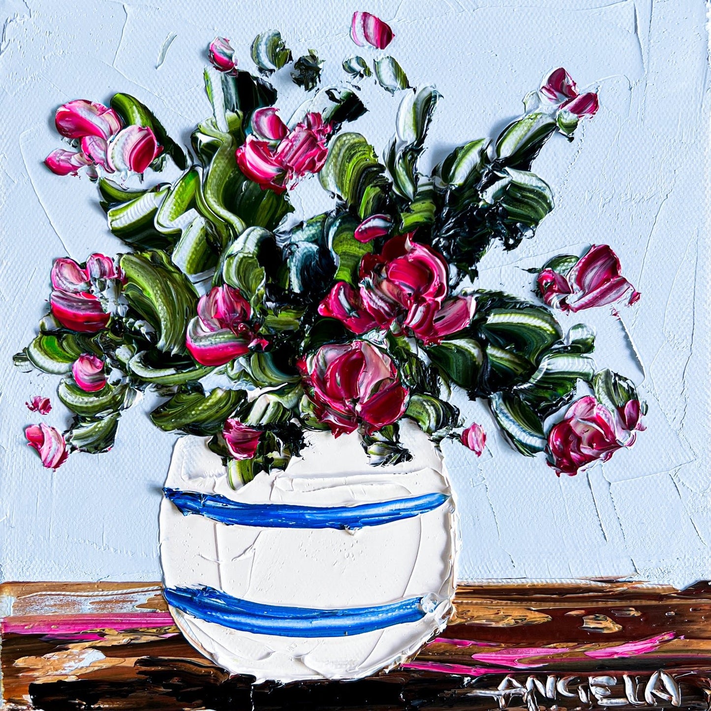 Pink Flowers, Blue Stripes - Gold Coast Gallery Of ArtAngela Hawkey