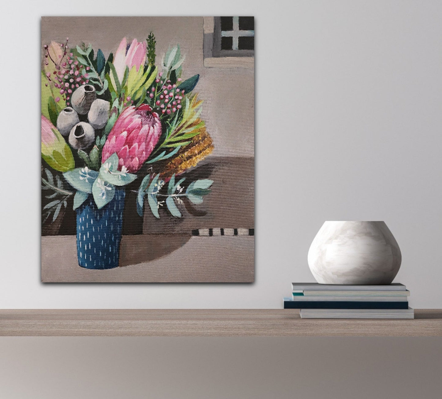 Protea with Gumnuts and Leaves - Original Art - Gold Coast Gallery Of ArtSusan Trudinger